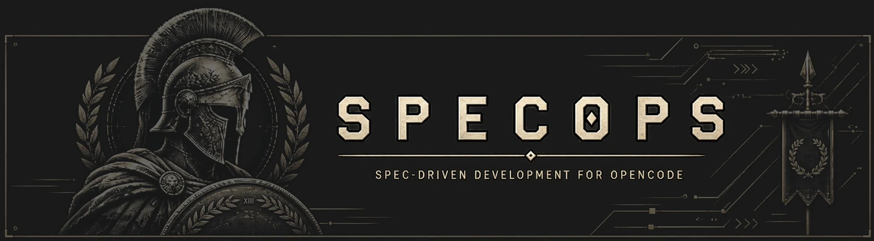 SpecOps banner with a Roman soldier, engraved detailing, and gold typography